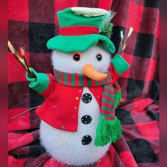 Fiber Optics Snowman decoration plug in light up 14" tall red green scarf hat - Picture 8 of 12